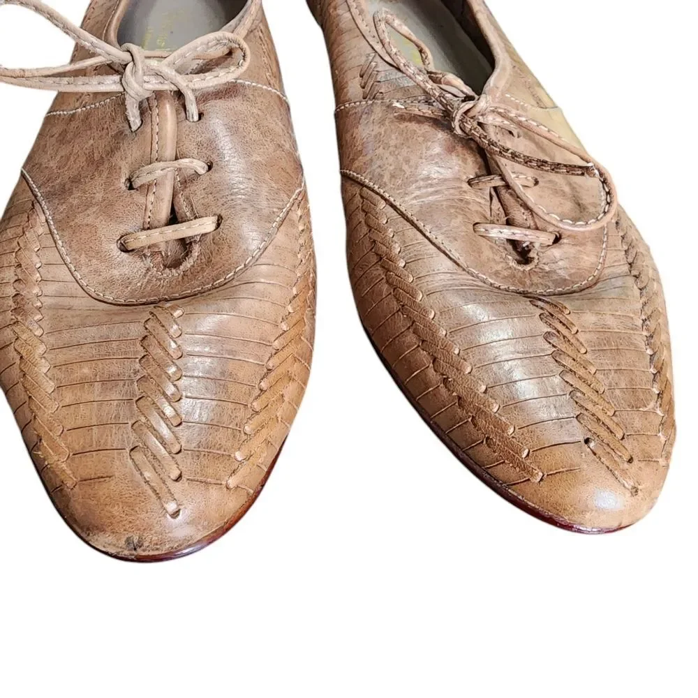 Bruno Valenti Vintage Tan Woven Leather Lace Up Loafer Flats 8.5B